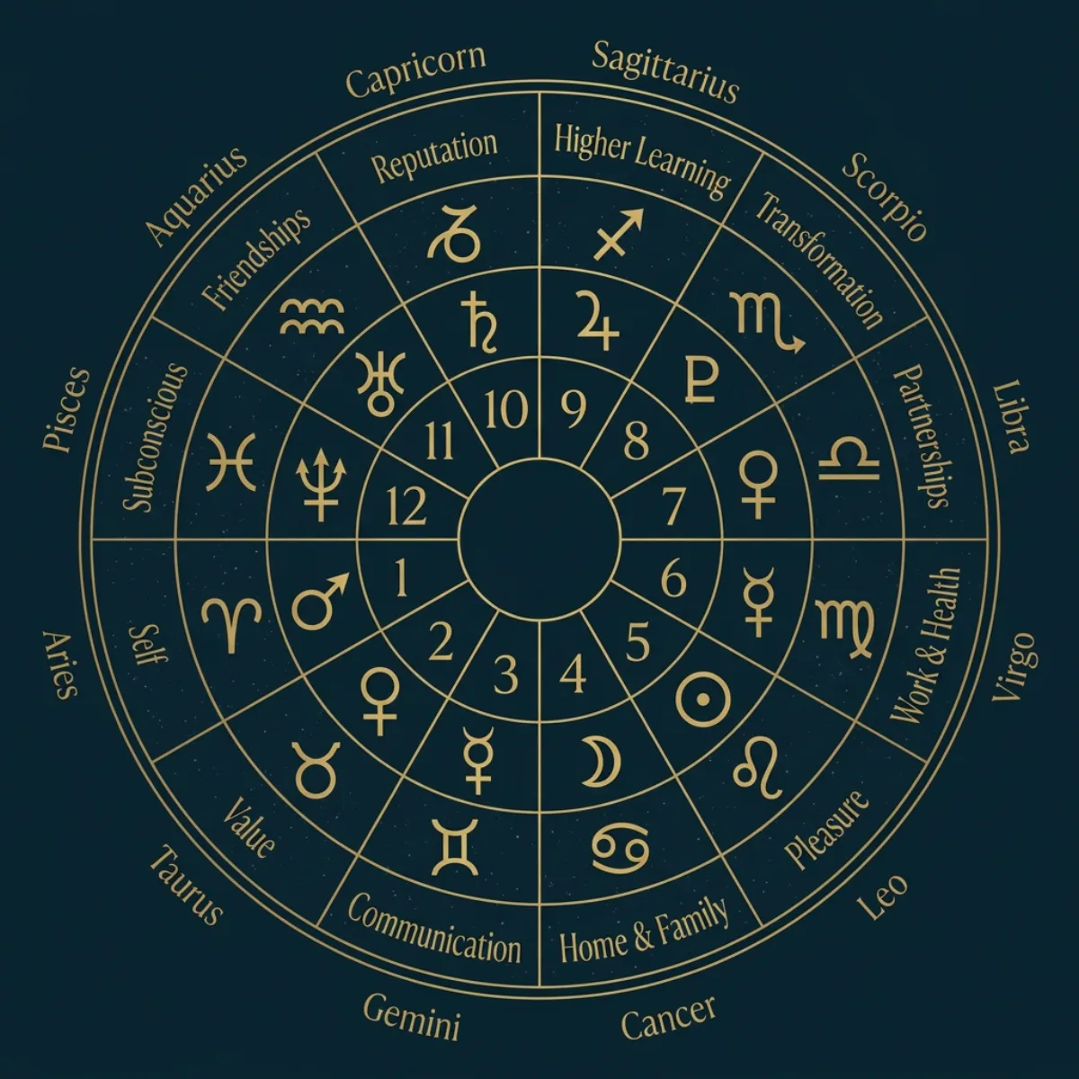 Sample birth chart wheel with zodiac signs, planetary glyphs, and aspect lines